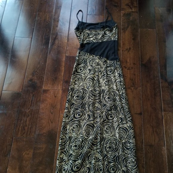 Kitty Black/Shimmering Gold/Mesh Long Evening Dress - Picture 6 of 11